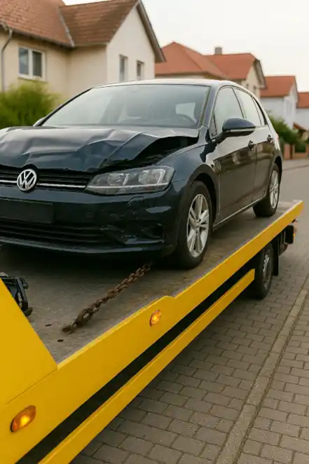 Ein defektes Auto wird abgeschleppt, um es im Rahmen des Autoankaufs zu verkaufen.